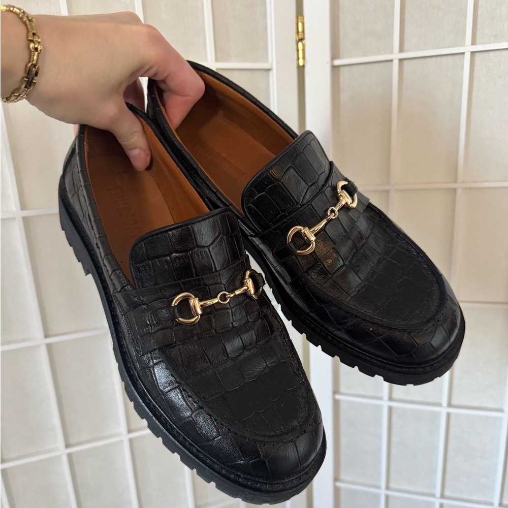 Thursday Boots Leather Loafers Black & Gold Croco